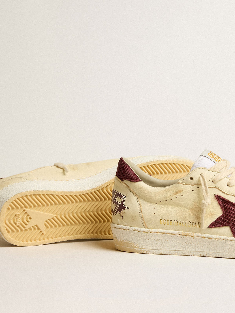 Golden Goose Men's Ball Star in beige nappa with burgundy mesh star and heel tab