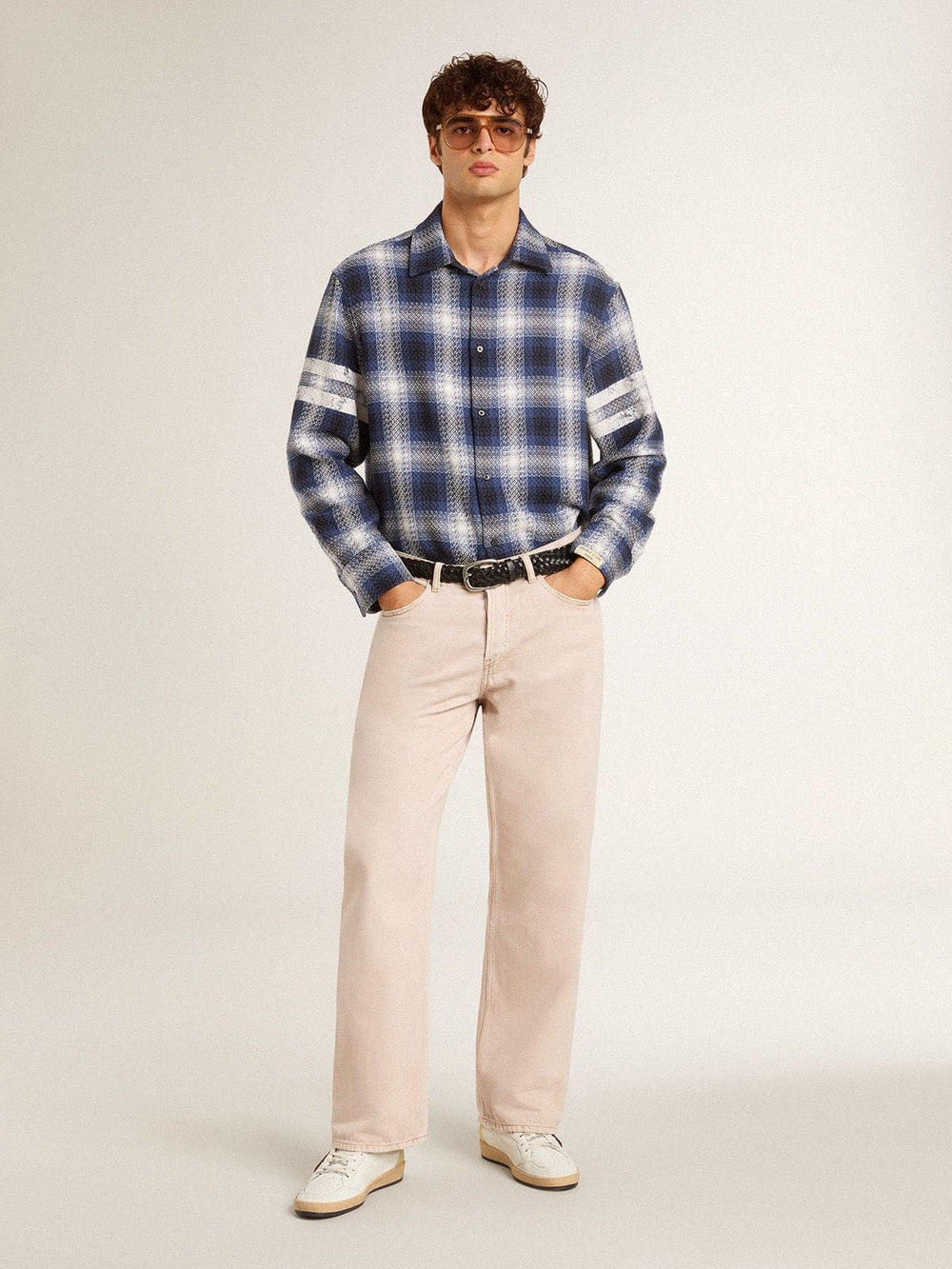 Golden Goose Men’s Ball Star LTD with mesh star and midnight blue leather heel tab