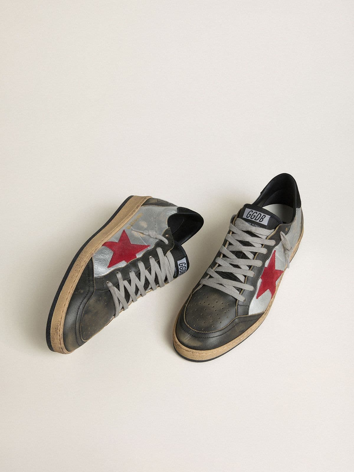 Golden Goose Men's Ball Star LTD in silver laminated leather with red suede star and black inserts