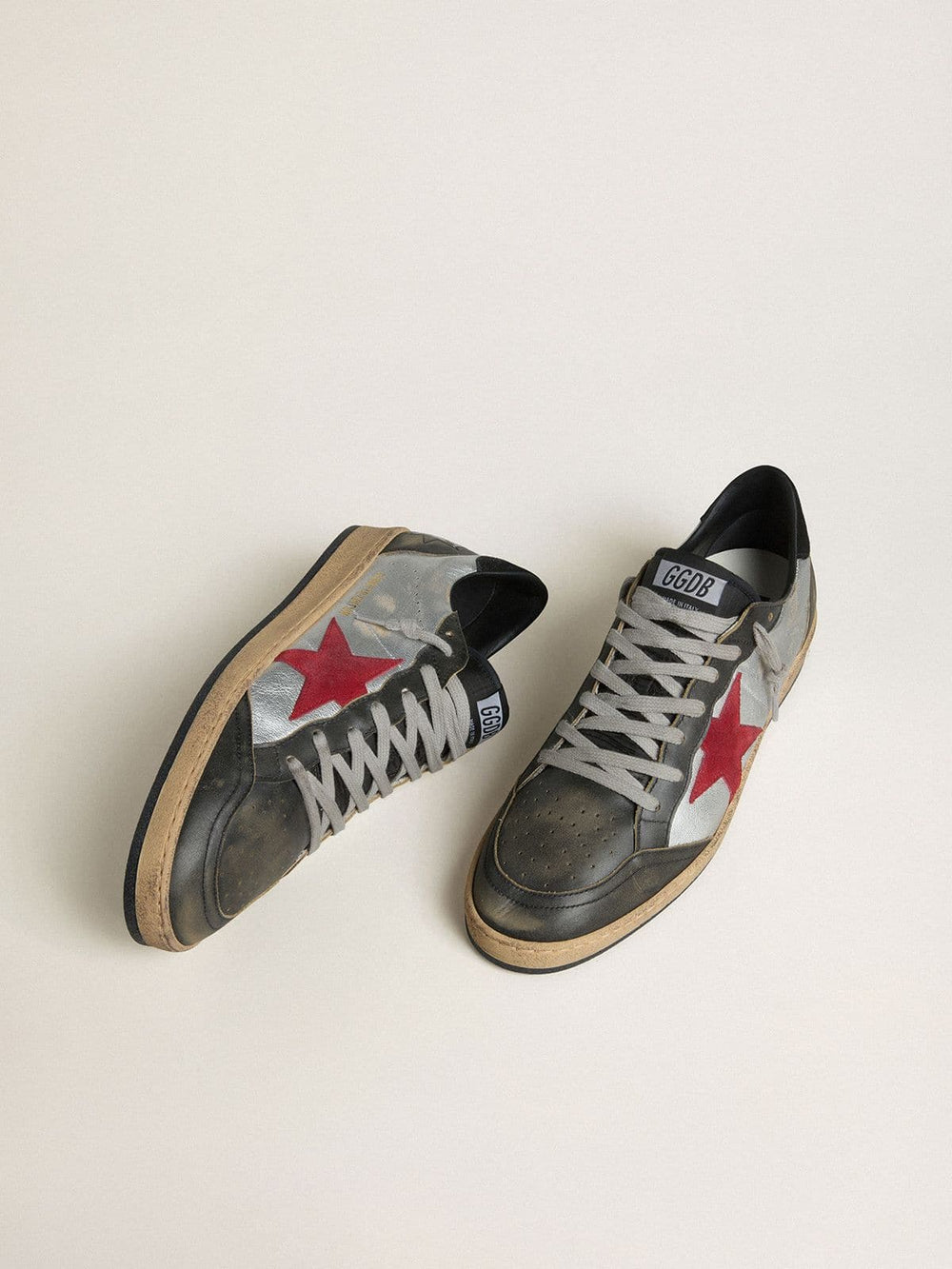 Golden Goose Men's Ball Star LTD in silver laminated leather with red suede star and black inserts