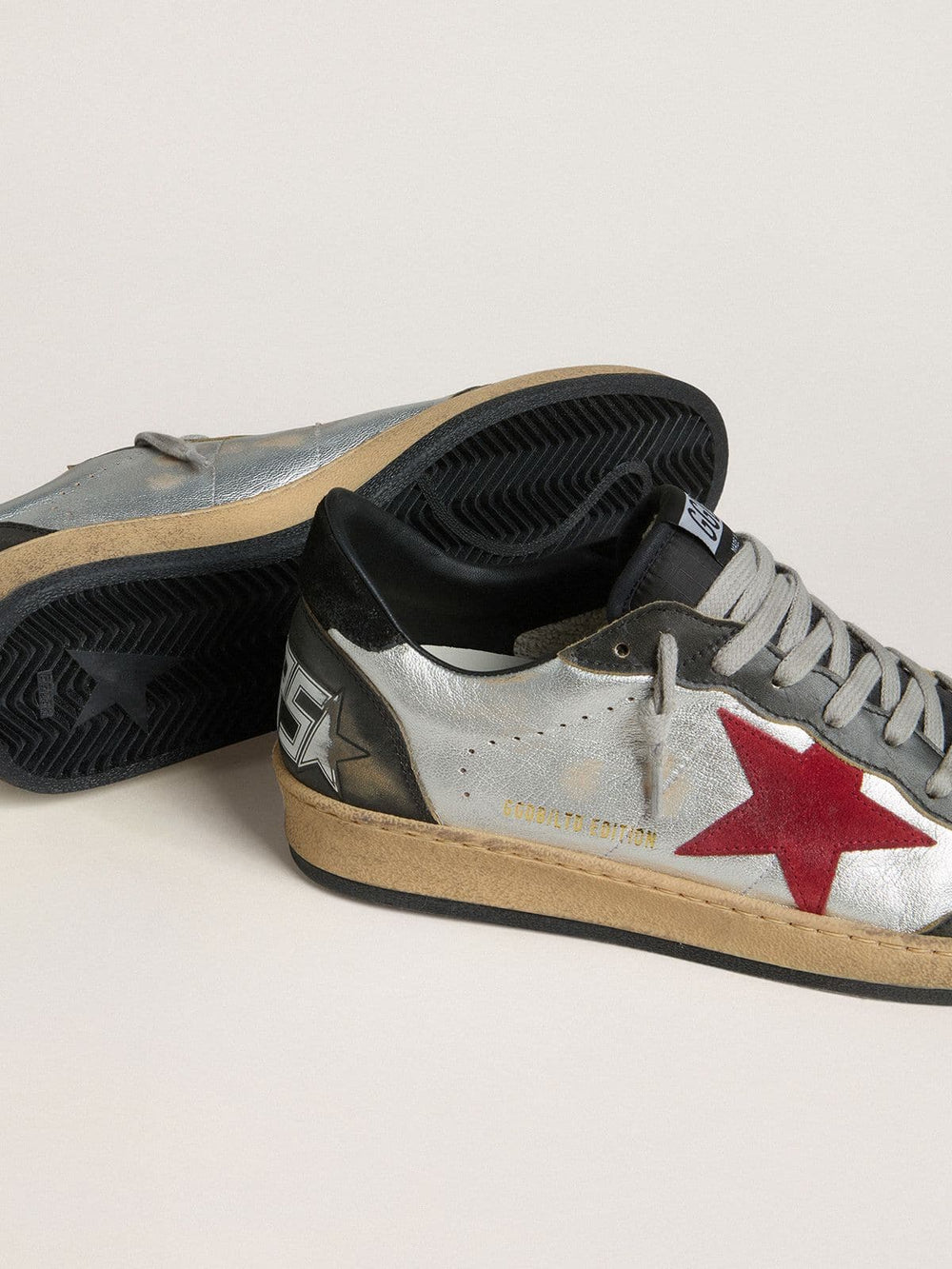 Golden Goose Men's Ball Star LTD in silver laminated leather with red suede star and black inserts