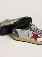 Golden Goose Men's Ball Star LTD in silver laminated leather with red suede star and black inserts