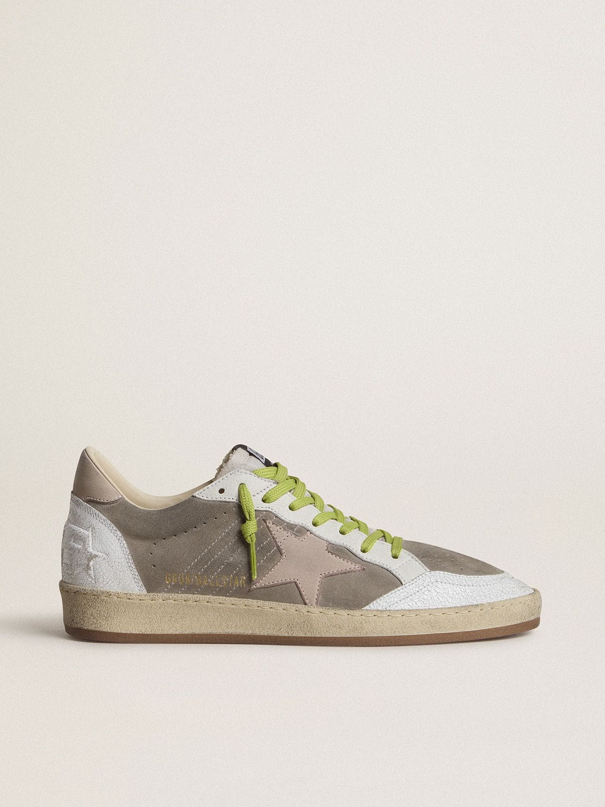 Golden Goose Men’s Ball Star in gray suede with old rose suede star and beige leather heel tab
