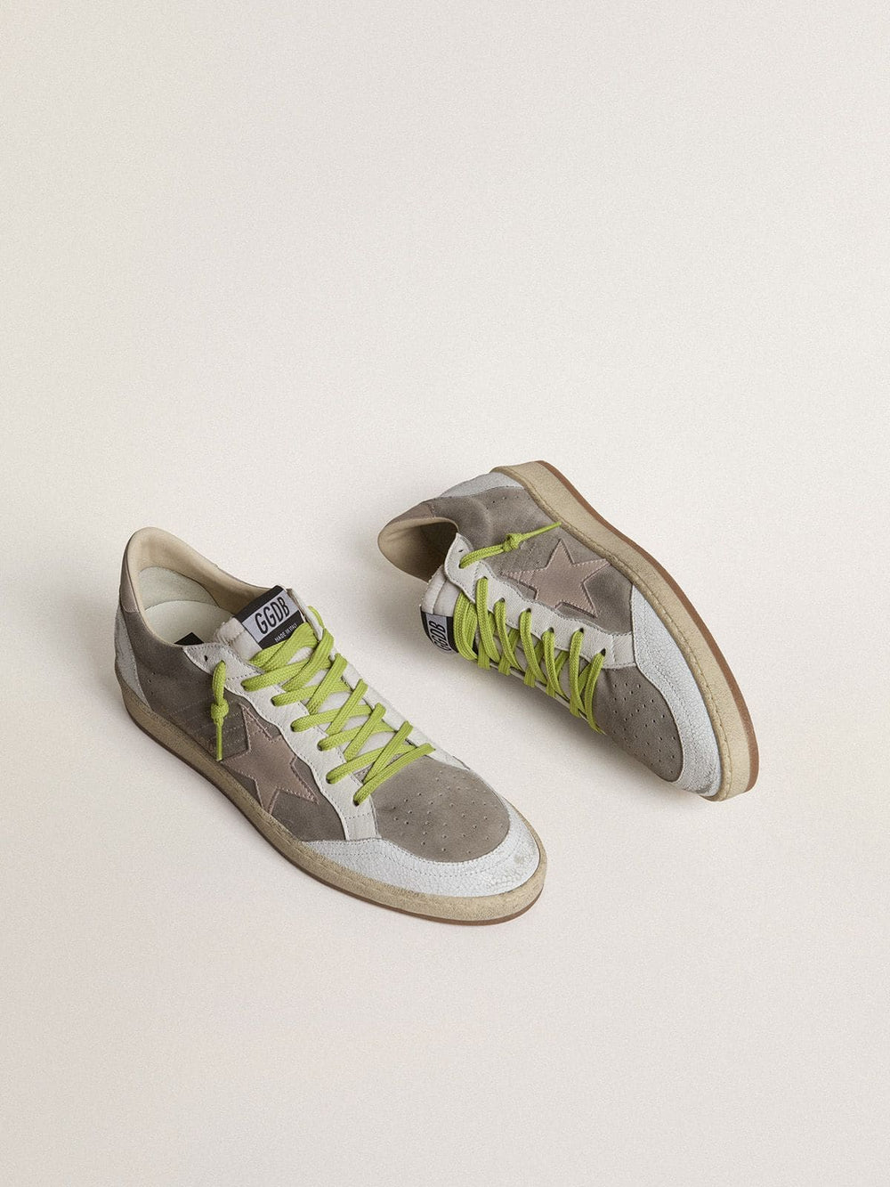 Golden Goose Men’s Ball Star in gray suede with old rose suede star and beige leather heel tab