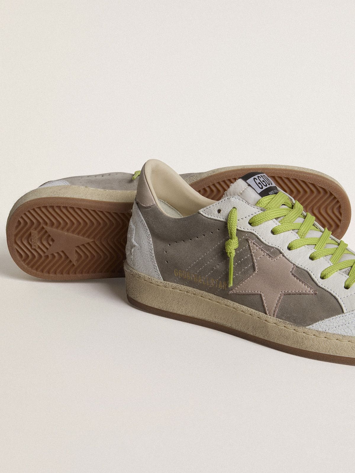 Golden Goose Men’s Ball Star in gray suede with old rose suede star and beige leather heel tab