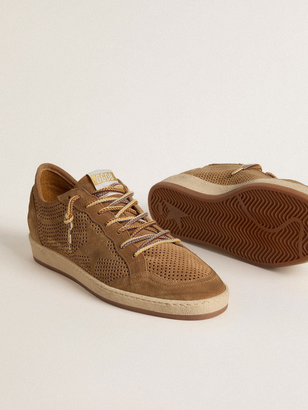 Golden Goose Men's Ball Star with perforated tobacco-colored suede upper and tone-on-tone star