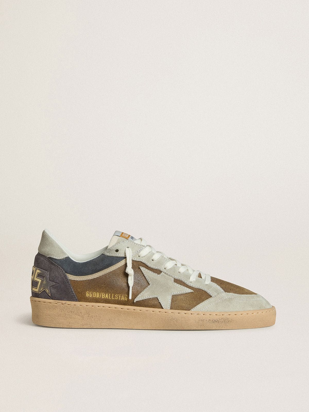 Golden Goose Men's Ball Star in military-green waxed suede with ice-gray suede star and heel tab