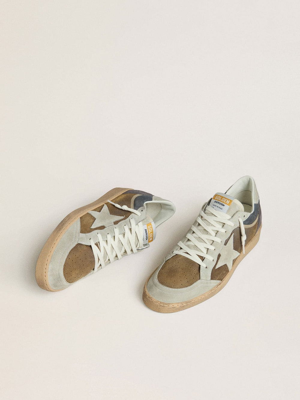 Golden Goose Men's Ball Star in military-green waxed suede with ice-gray suede star and heel tab