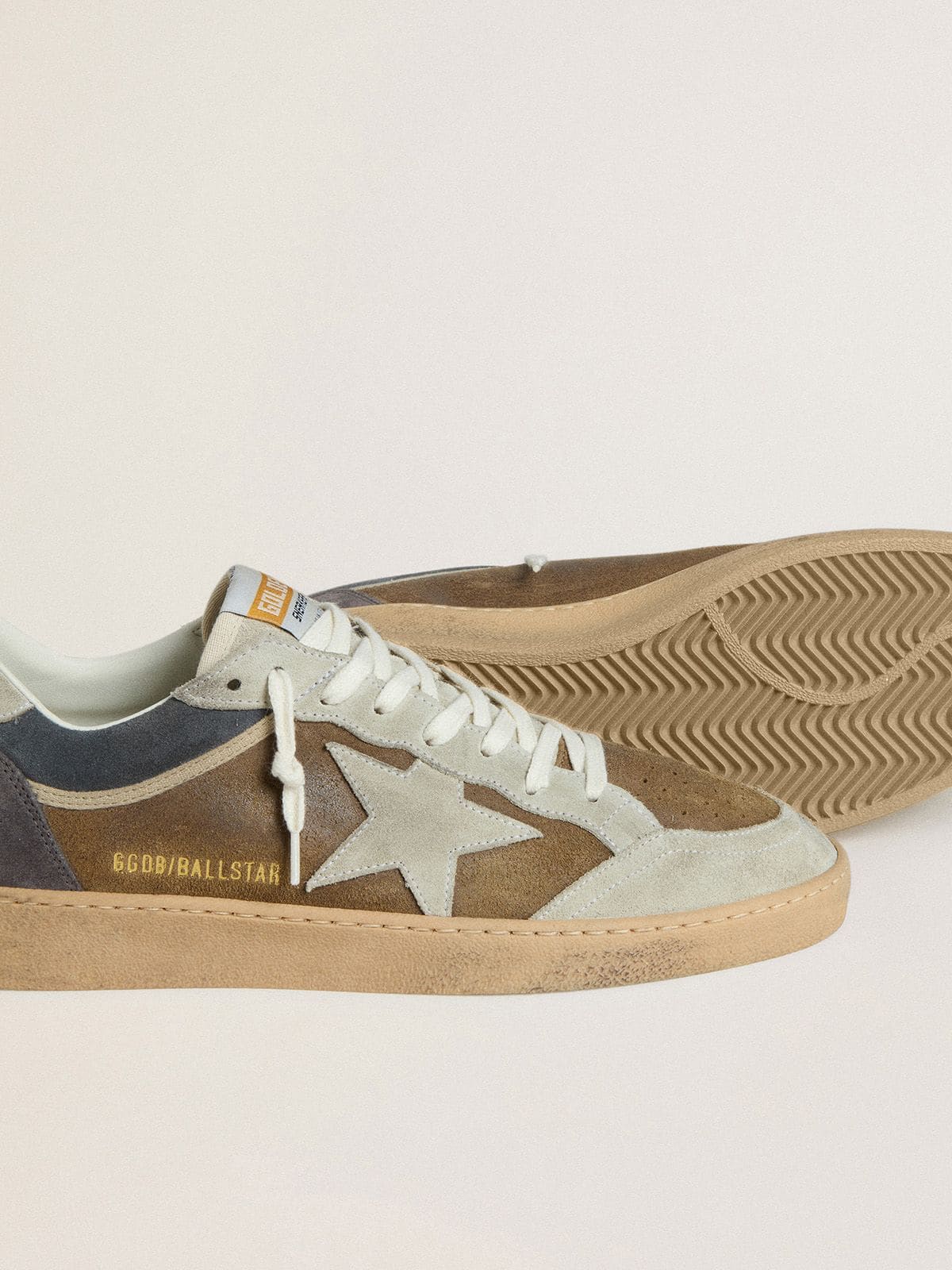 Golden Goose Men's Ball Star in military-green waxed suede with ice-gray suede star and heel tab