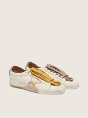 Golden Goose Men's True-Star in white nappa leather with gold foiled leather star and beige suede heel tab