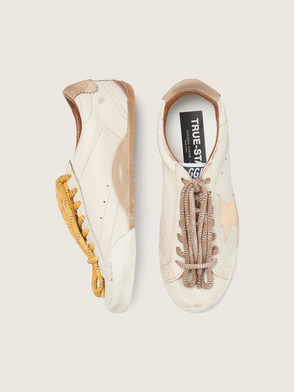 Golden Goose Men's True-Star in white nappa leather with gold foiled leather star and beige suede heel tab