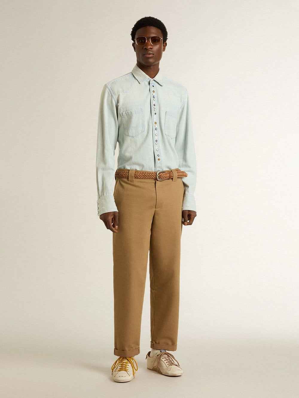 Golden Goose Men's True-Star in white nappa leather with gold foiled leather star and beige suede heel tab