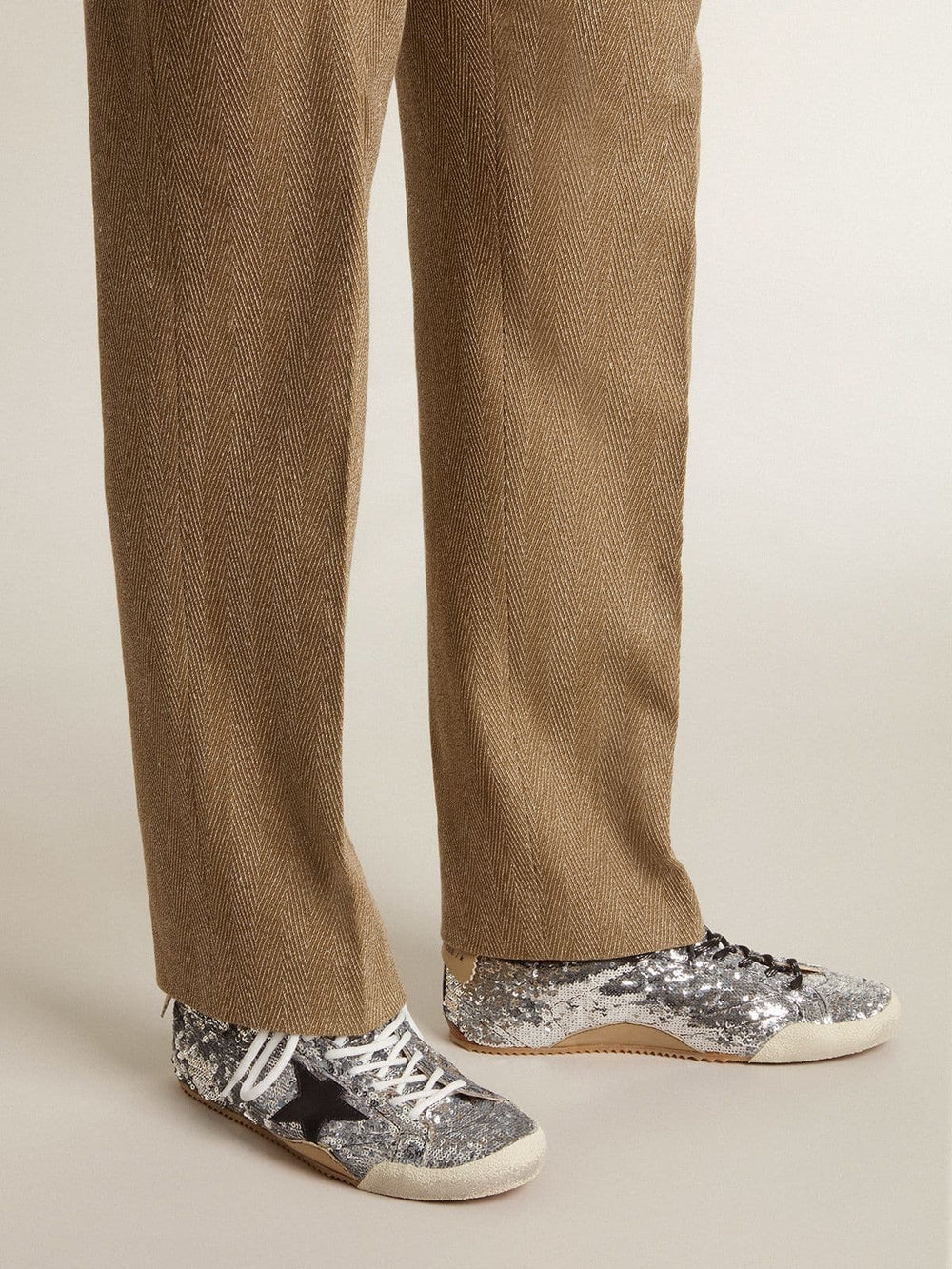 Golden Goose Men's True-Star in silver sequins with black star and silver leather heel tab