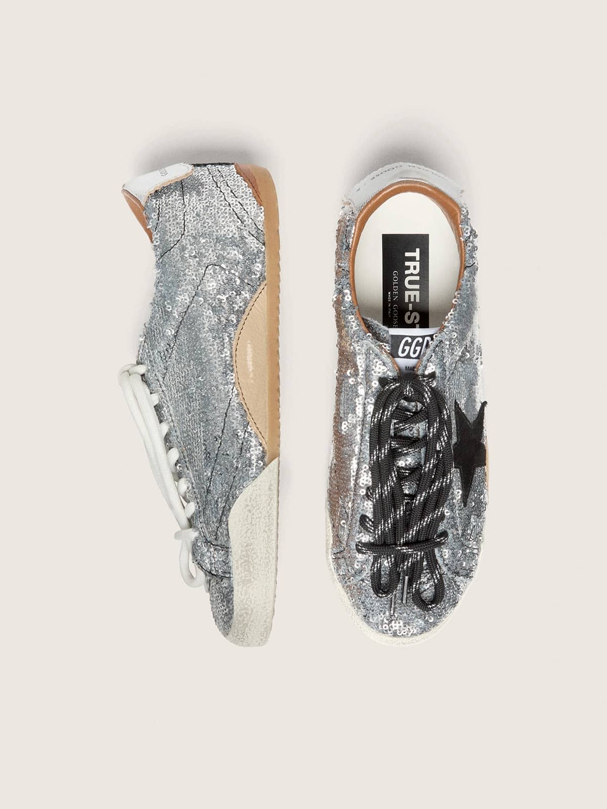 Golden Goose Men's True-Star in silver sequins with black star and silver leather heel tab
