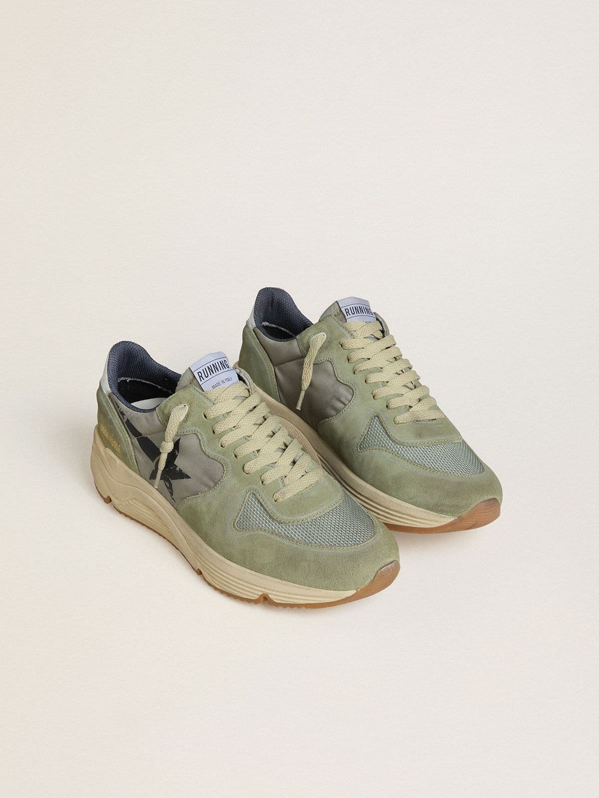 Golden Goose Men's Running Sole in sage-green nylon and suede with printed black star
