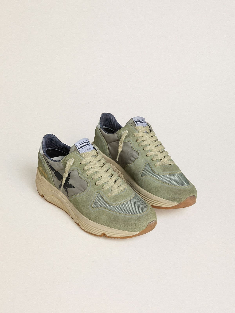 Golden Goose Men's Running Sole in sage-green nylon and suede with printed black star