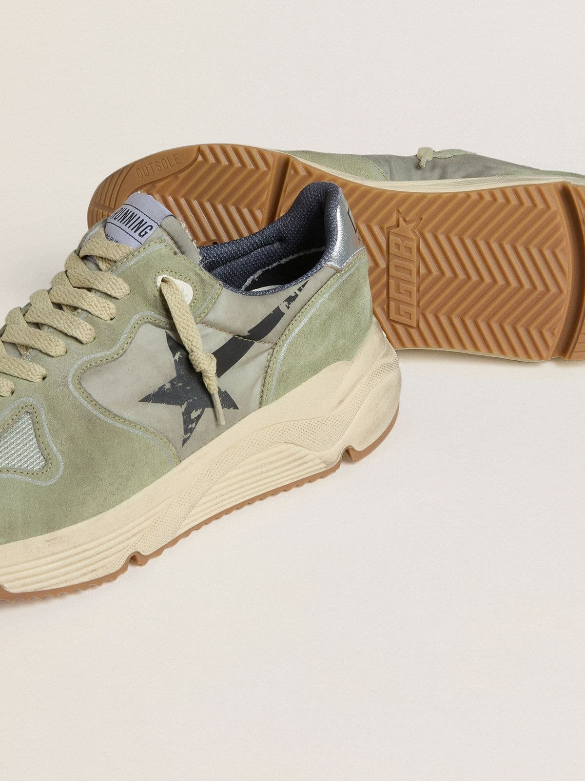 Golden Goose Men's Running Sole in sage-green nylon and suede with printed black star