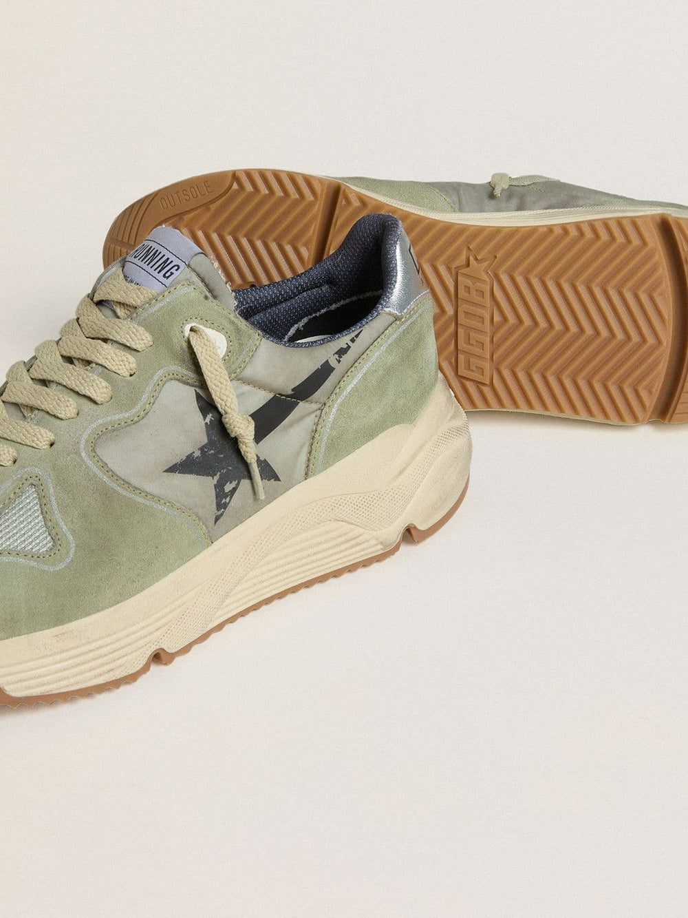 Golden Goose Men's Running Sole in sage-green nylon and suede with printed black star