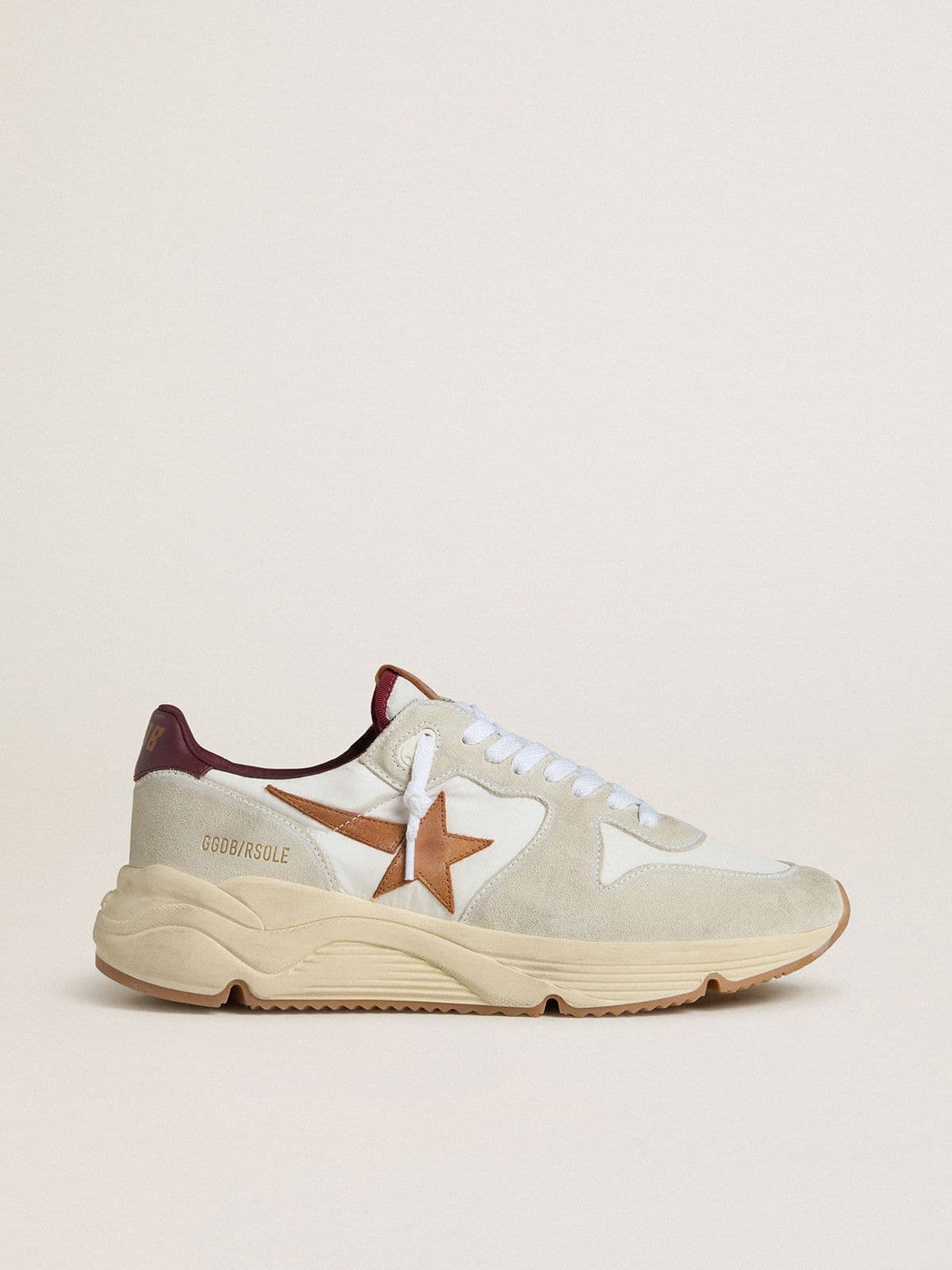Golden Goose Men's Running Sole in nylon and suede with brown leather star and burgundy leather heel tab