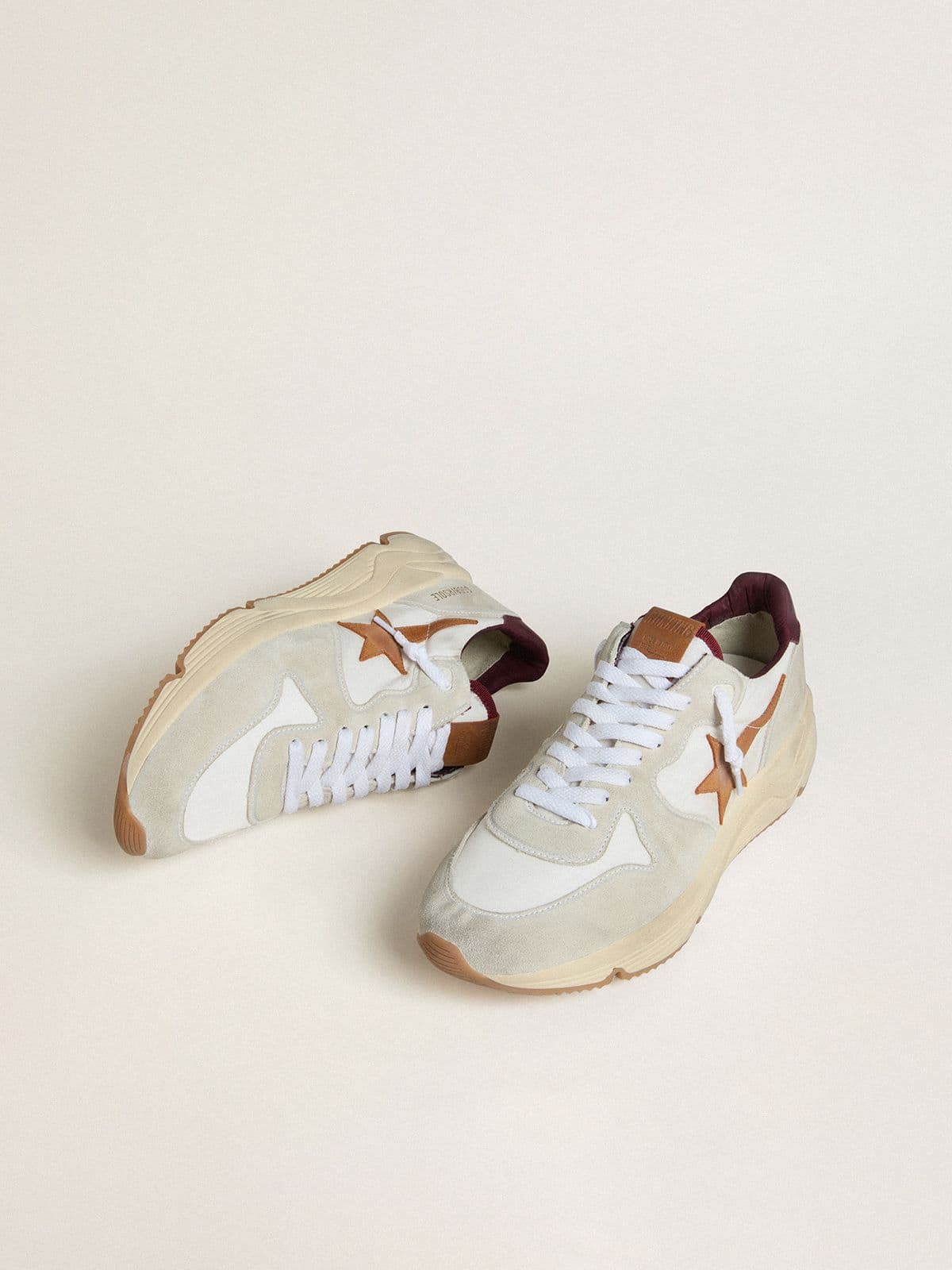 Golden Goose Men's Running Sole in nylon and suede with brown leather star and burgundy leather heel tab
