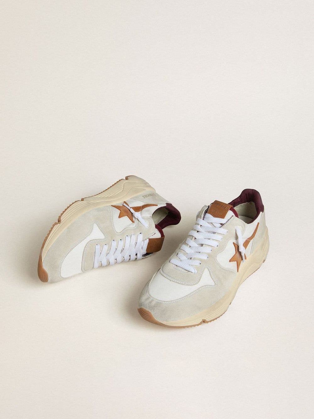 Golden Goose Men's Running Sole in nylon and suede with brown leather star and burgundy leather heel tab