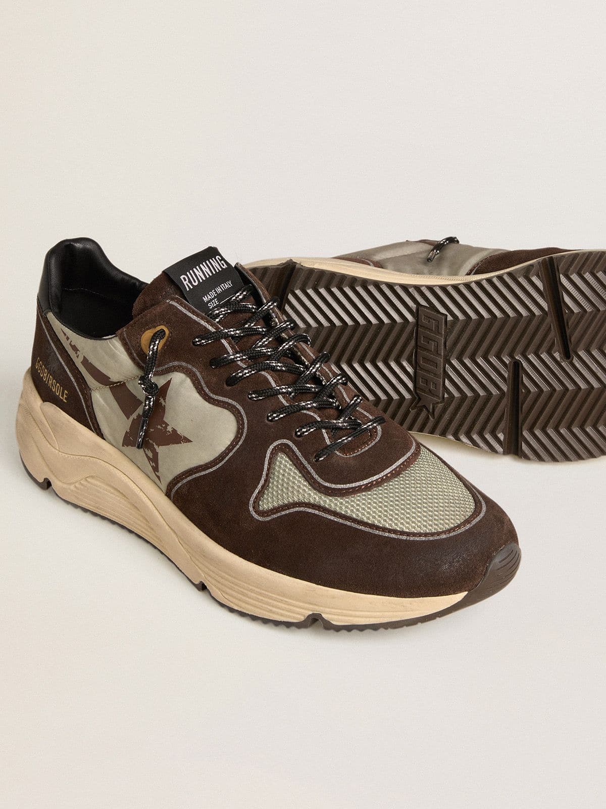 Golden Goose Men's Running Sole in nylon and suede with printed star and leather heel tab