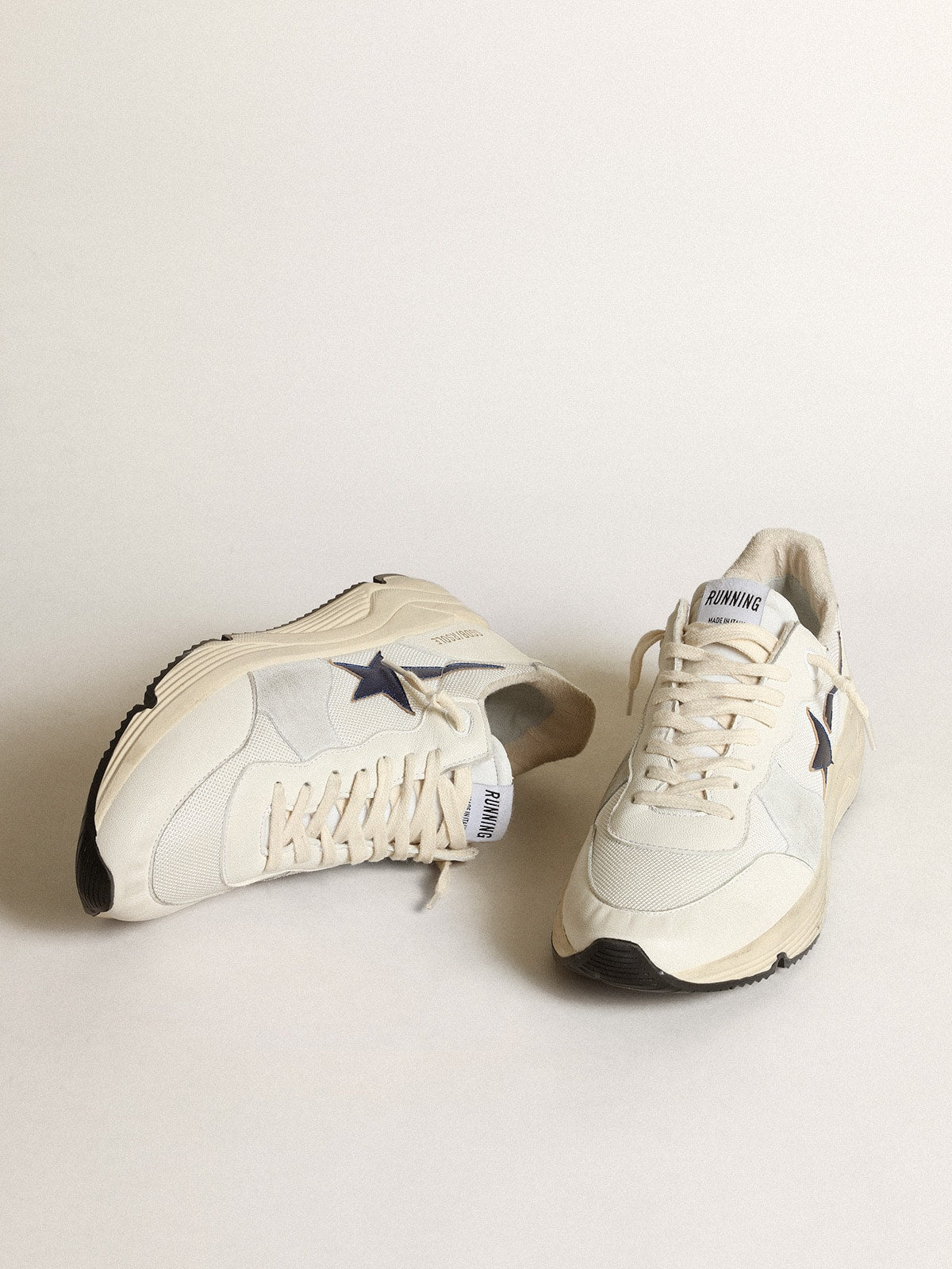 Golden Goose Running Sole in white leather and mesh with blue laminated leather star