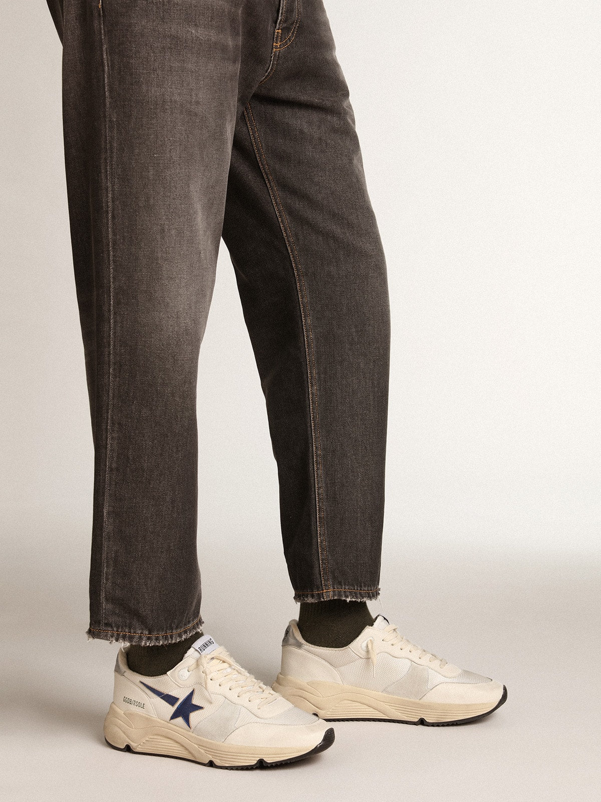 Golden Goose Running Sole in white leather and mesh with blue laminated leather star
