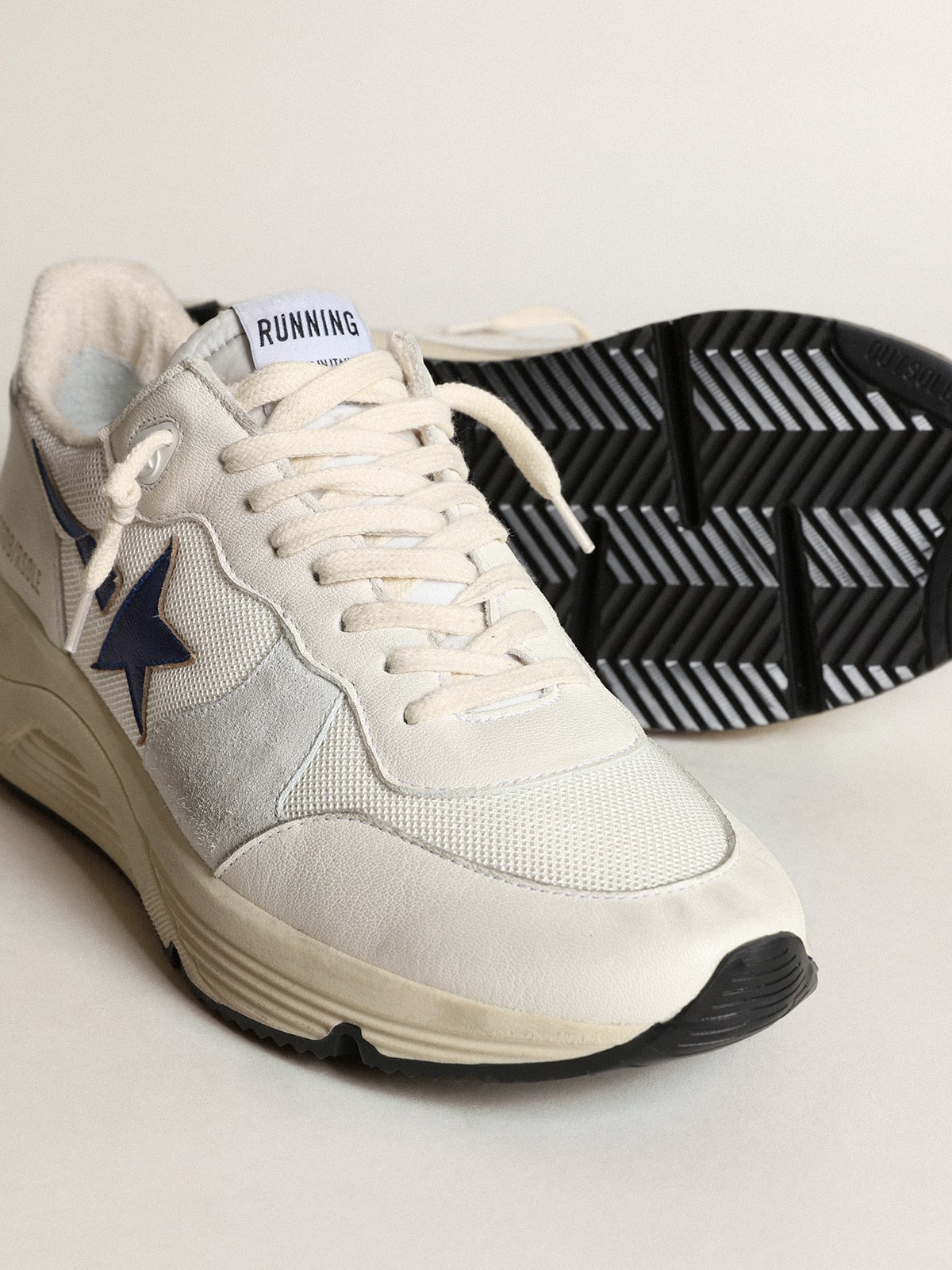 Golden Goose Running Sole in white leather and mesh with blue laminated leather star