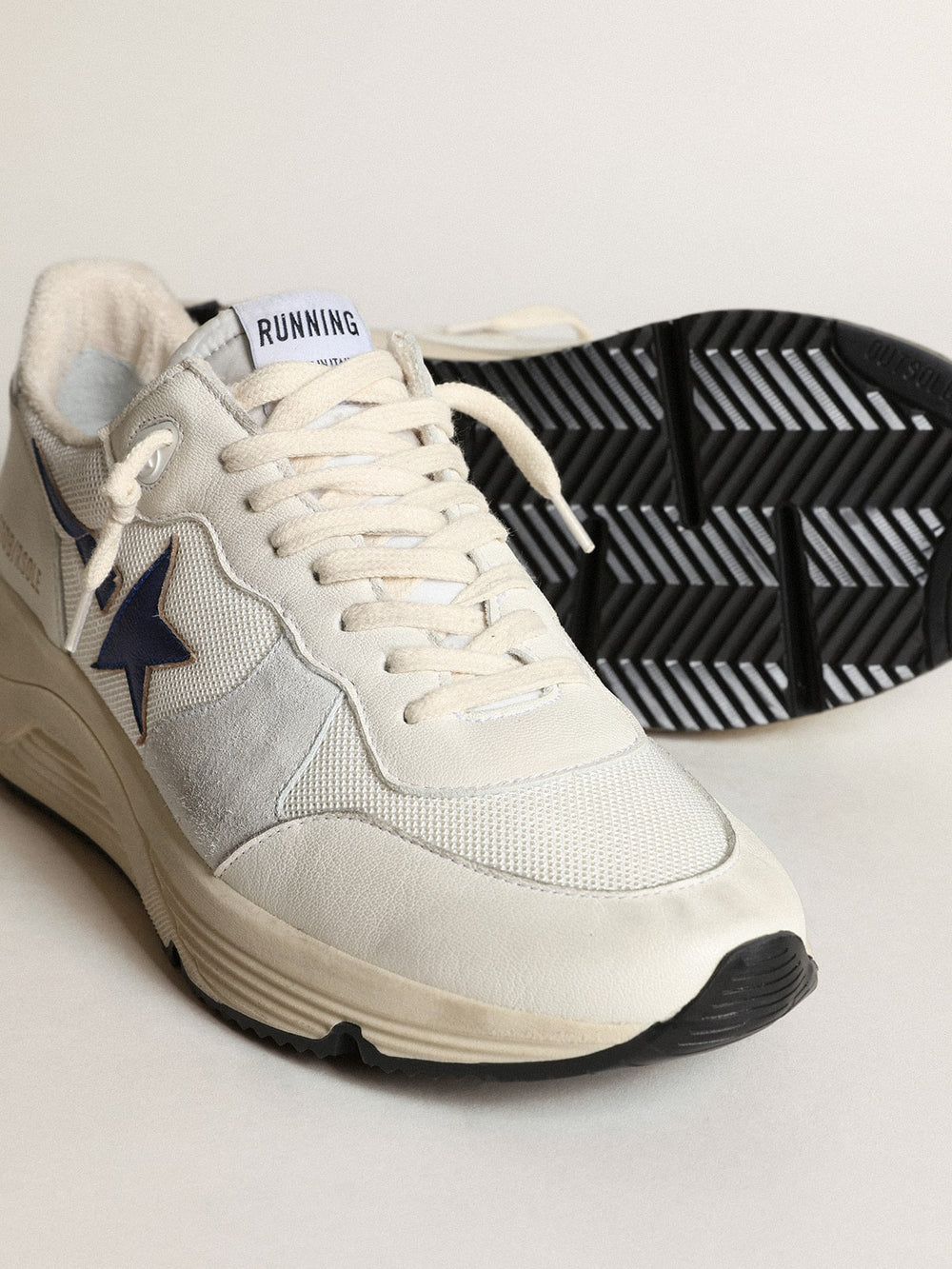 Golden Goose Running Sole in white leather and mesh with blue laminated leather star