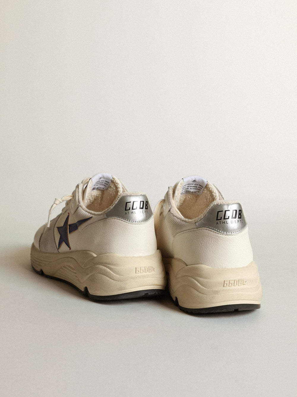 Golden Goose Running Sole in white leather and mesh with blue laminated leather star
