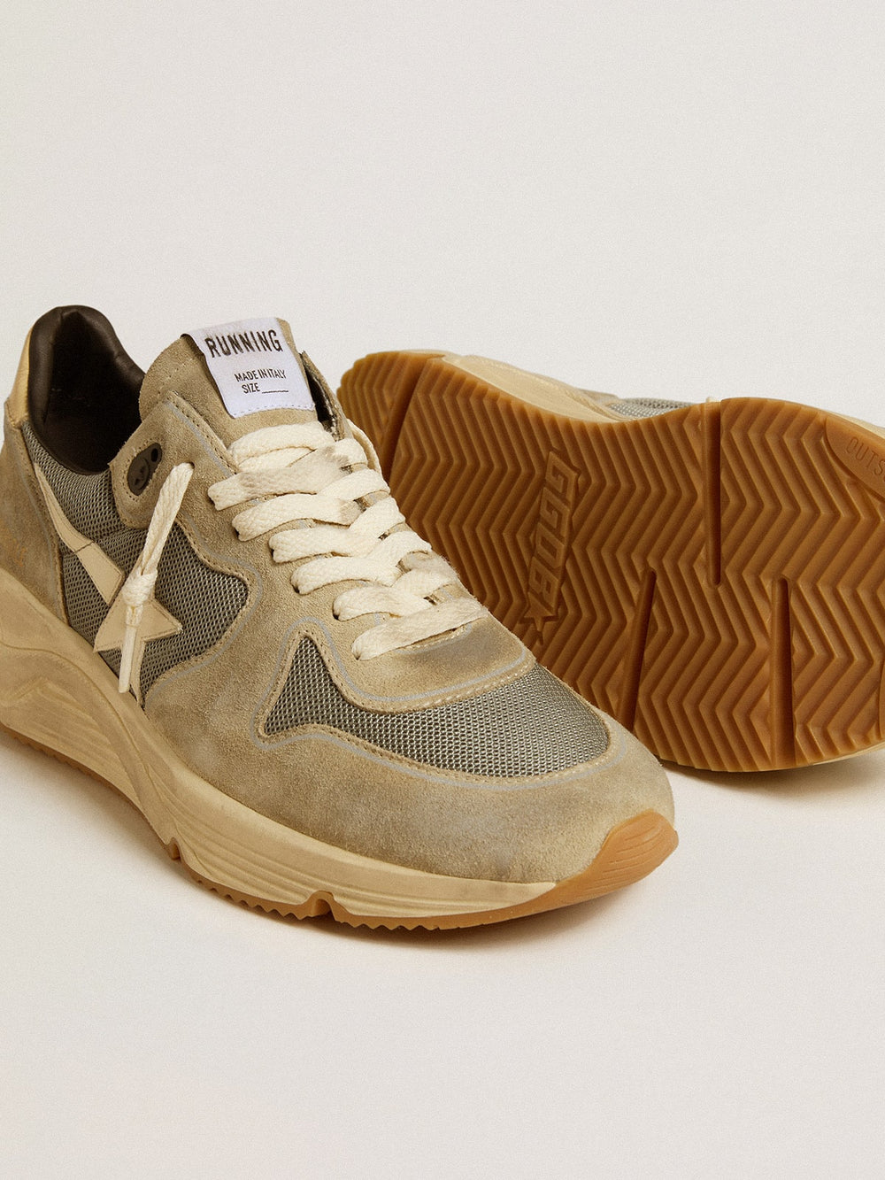 Golden Goose Running Sole in gray suede with white star and white heel tab