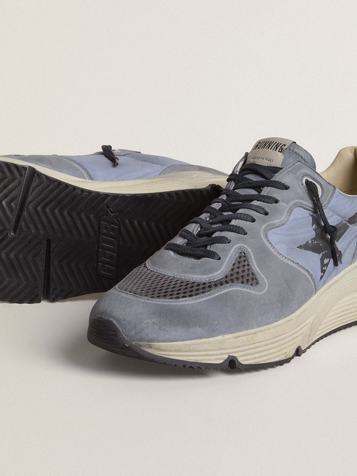 Golden Goose Men's Running Sole in light blue nylon and nubuck with black star