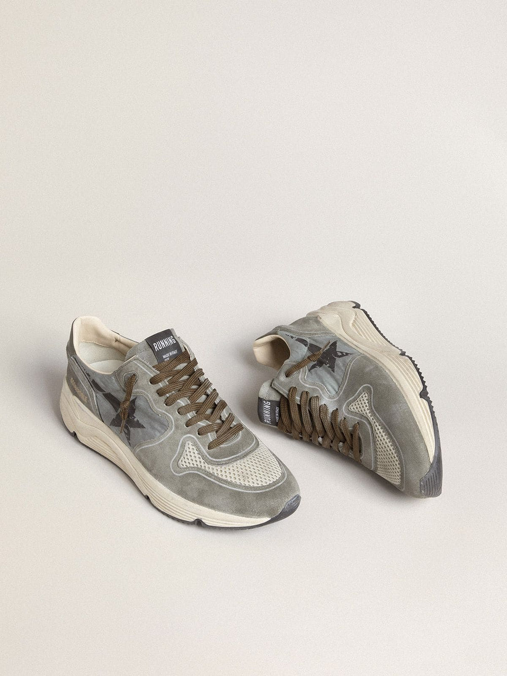 Golden Goose Men's Running Sole in light blue nylon with black star and green leather heel tab