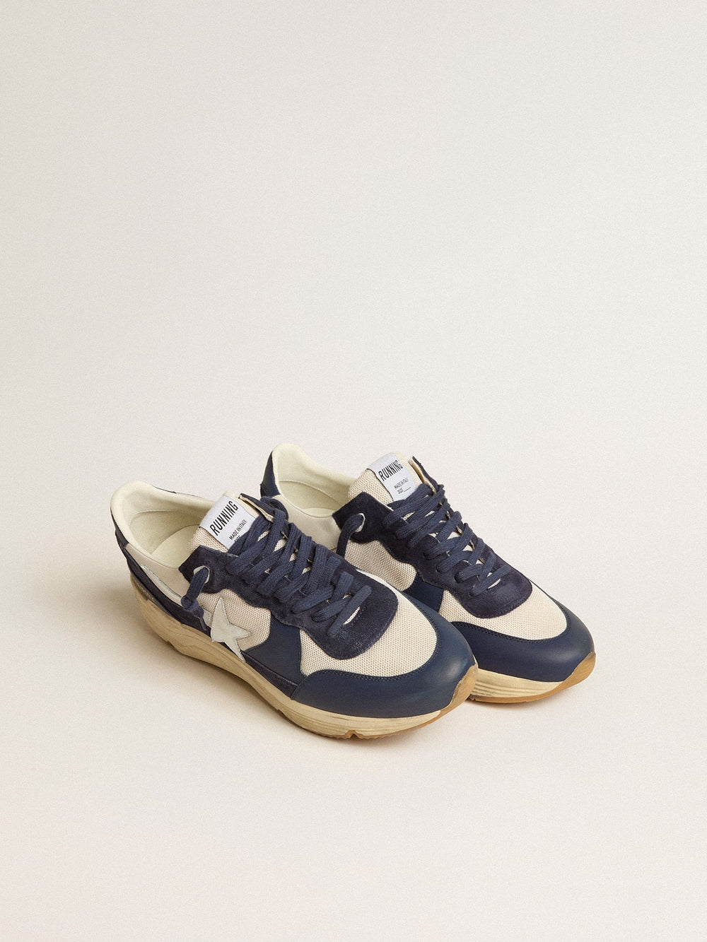 Golden Goose Running Sole in cream mesh and blue leather with a white leather star