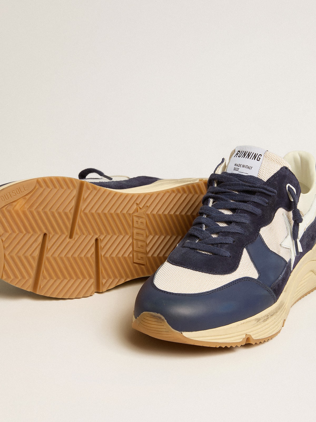 Golden Goose Running Sole in cream mesh and blue leather with a white leather star