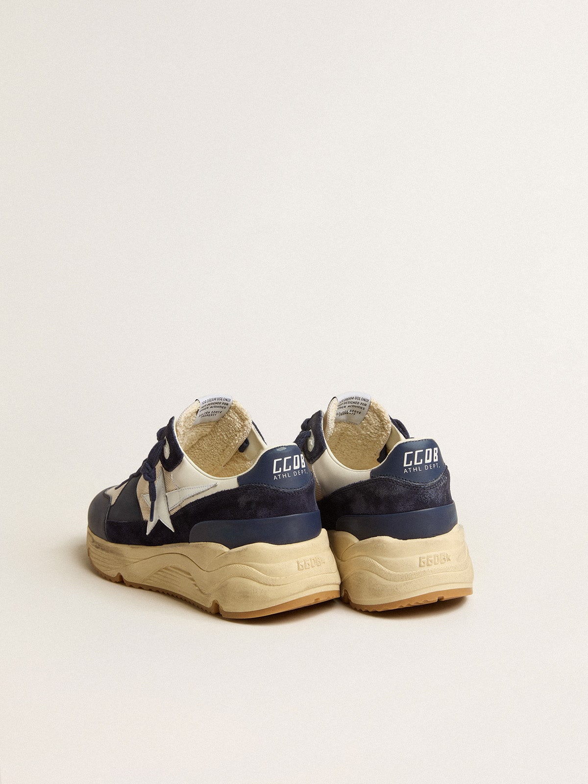 Golden Goose Running Sole in cream mesh and blue leather with a white leather star