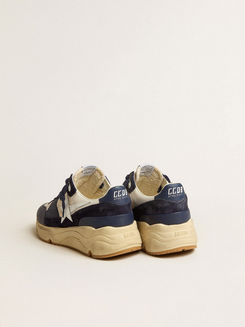 Golden Goose Running Sole in cream mesh and blue leather with a white leather star