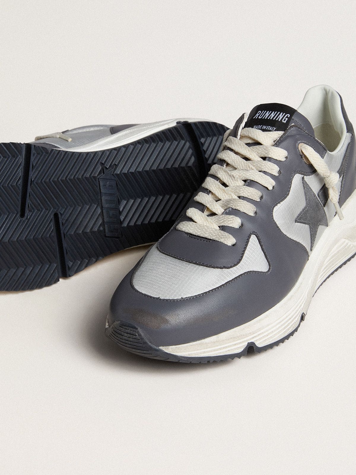 Golden Goose Men’s Running Sole in gray nylon and black nappa leather with a black suede star