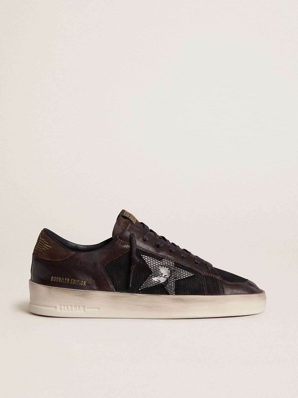 Golden Goose Men's Stardan in brown suede and black mesh with white leather star and nappa leather inserts
