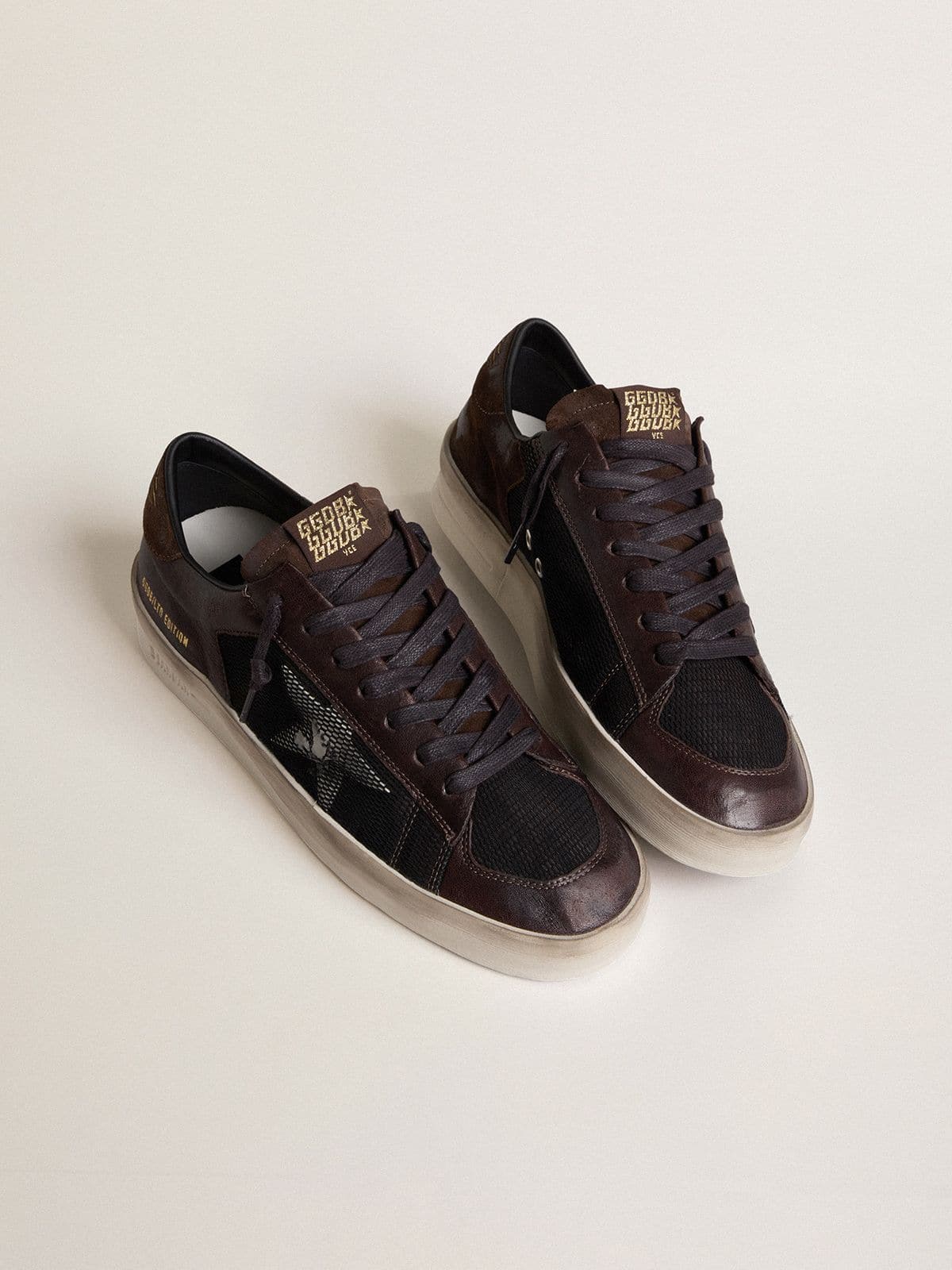 Golden Goose Men's Stardan in brown suede and black mesh with white leather star and nappa leather inserts
