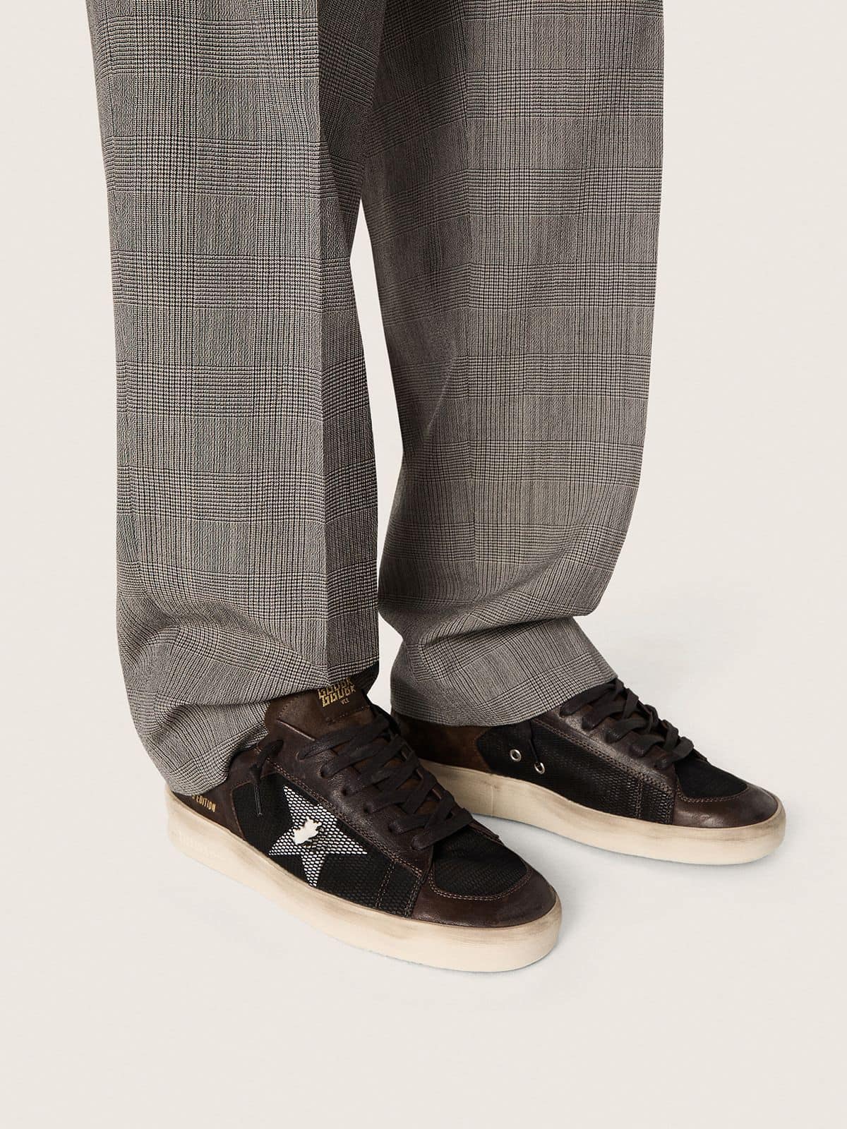 Golden Goose Men's Stardan in brown suede and black mesh with white leather star and nappa leather inserts