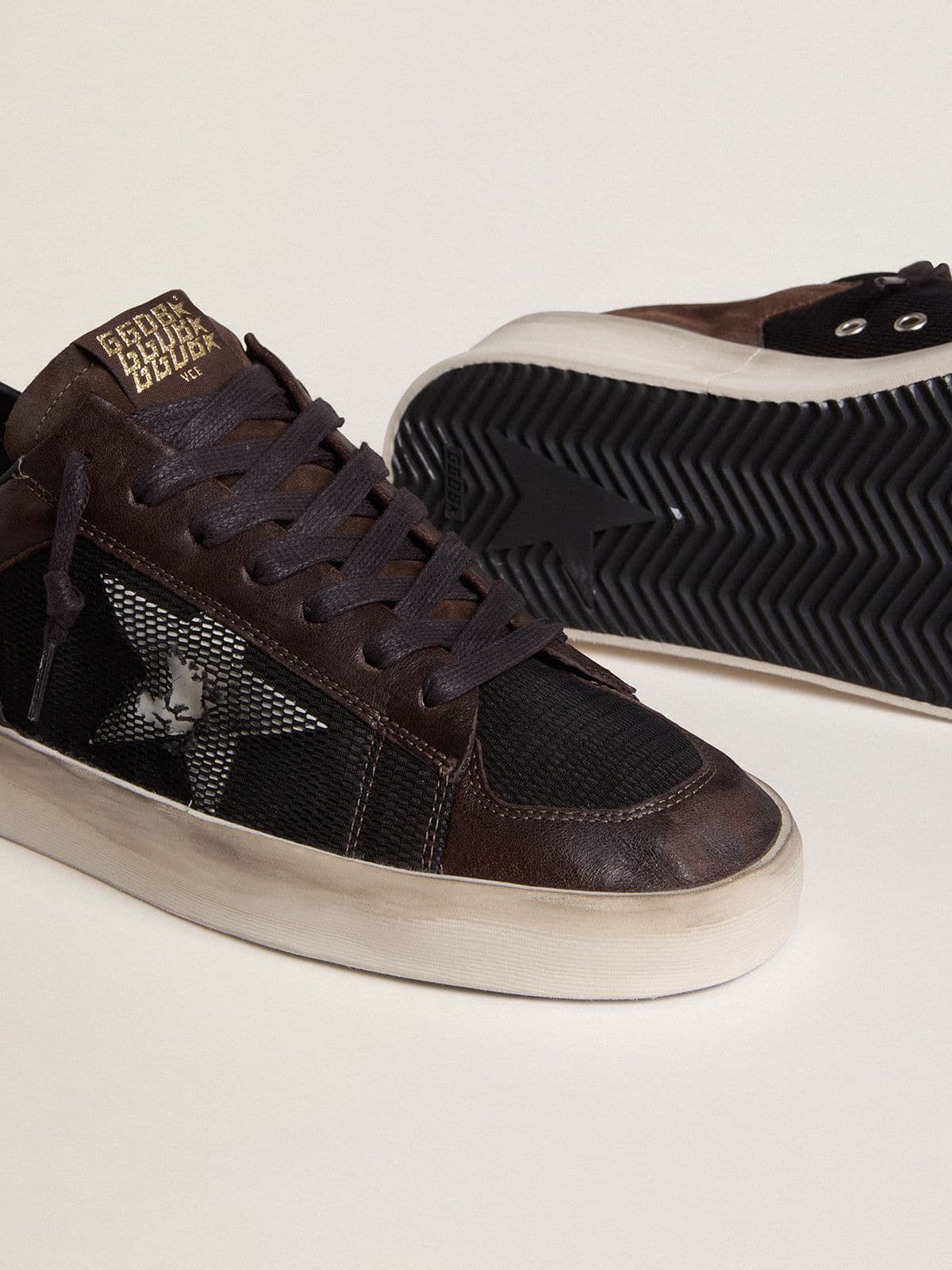 Golden Goose Men's Stardan in brown suede and black mesh with white leather star and nappa leather inserts
