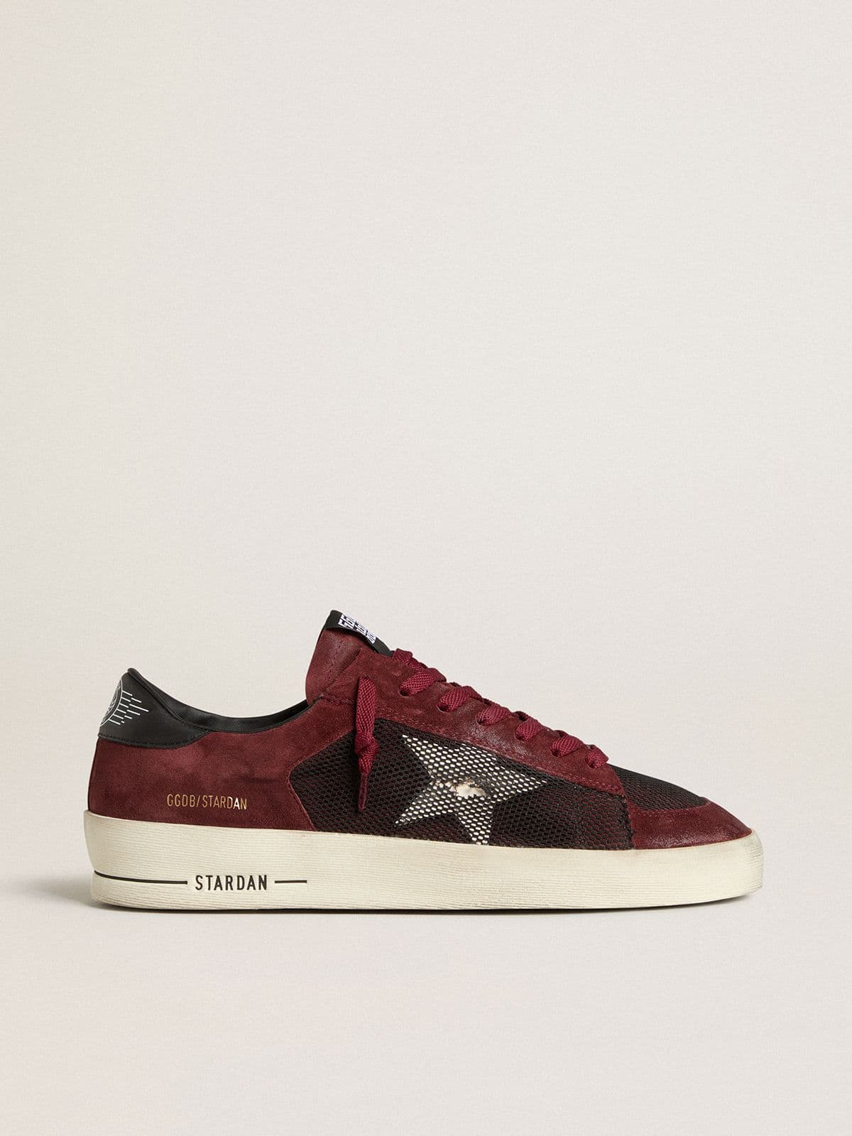 Golden Goose Men's Stardan in black mesh and burgundy suede with white leather star