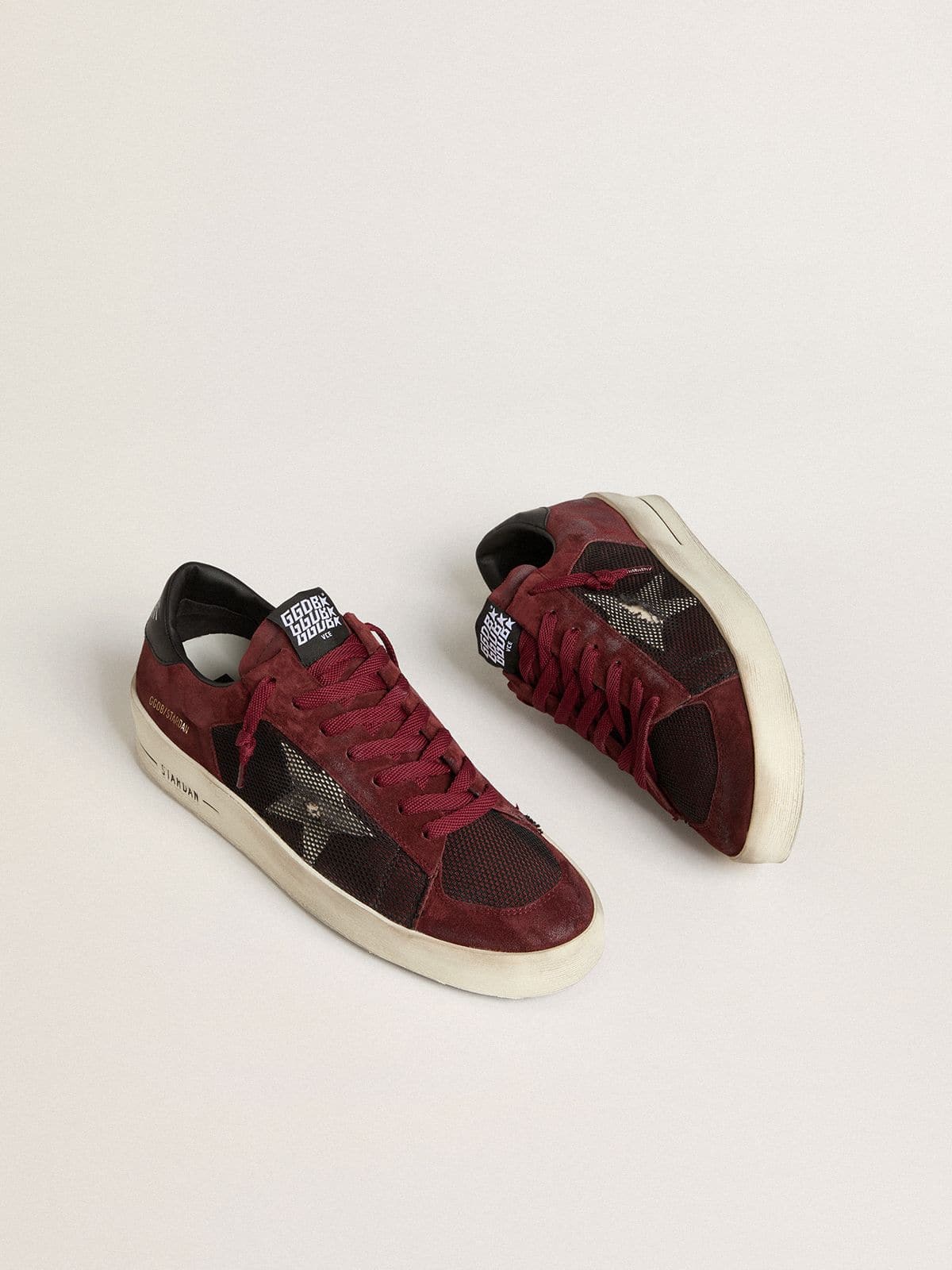 Golden Goose Men's Stardan in black mesh and burgundy suede with white leather star