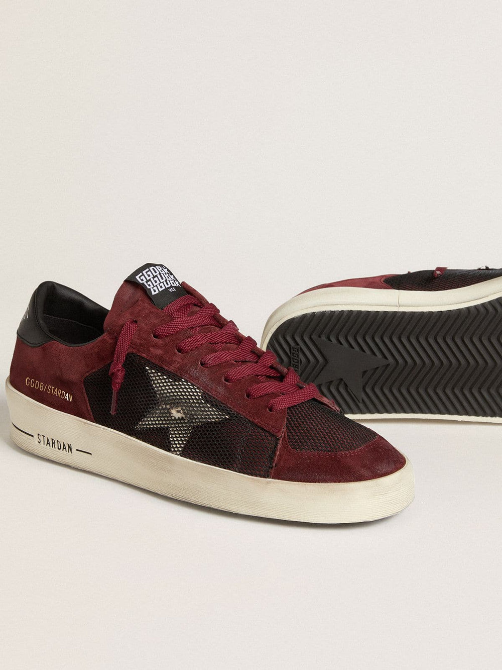 Golden Goose Men's Stardan in black mesh and burgundy suede with white leather star