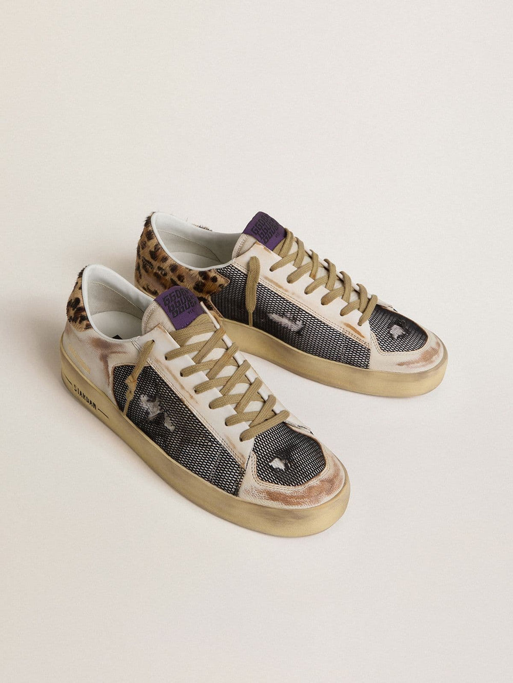 Golden Goose Men's Stardan in nappa and mesh with leopard-print pony skin heel tab