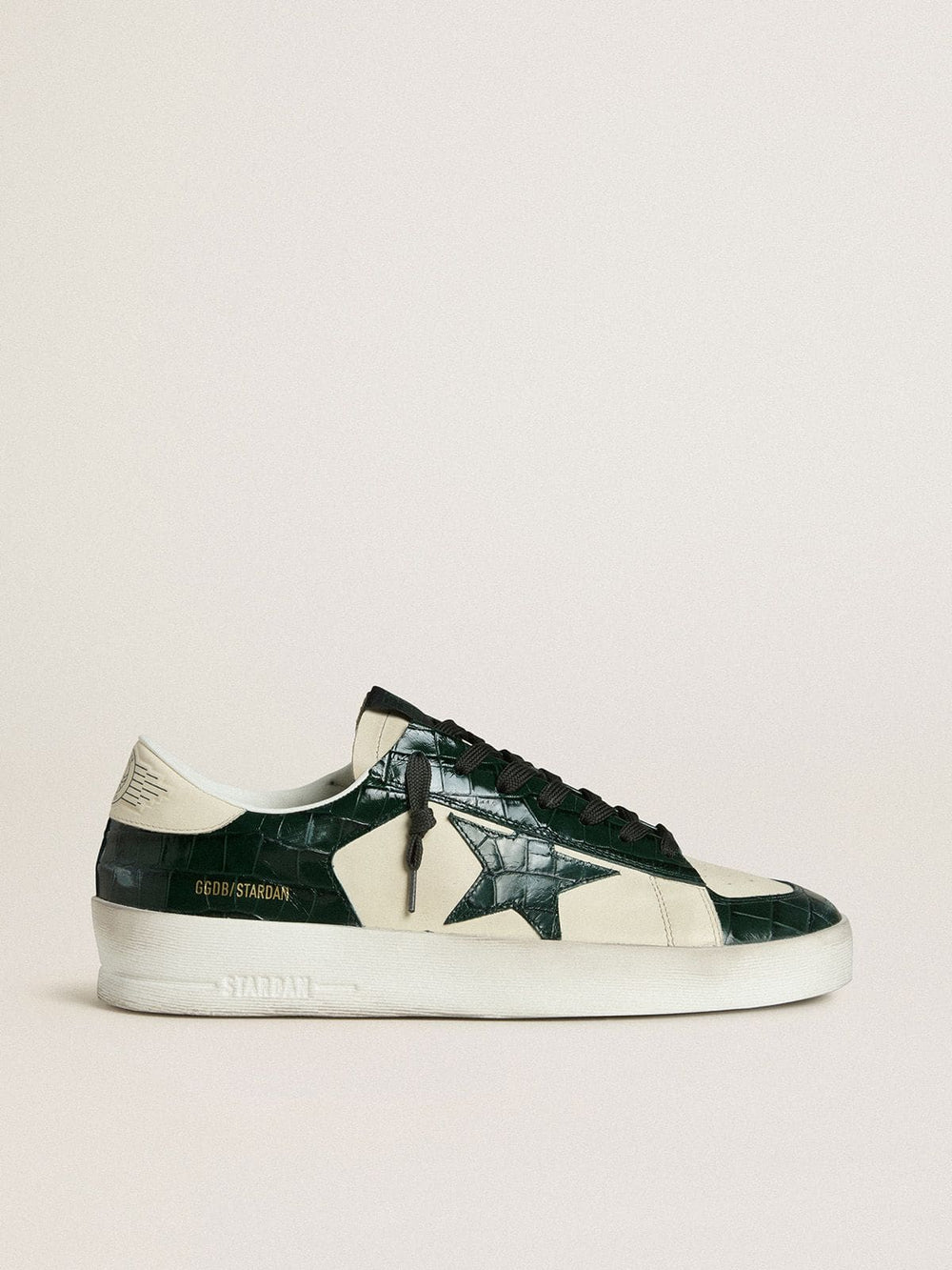 Golden Goose Men's Stardan LTD in cream leather with green crocodile-print leather star and inserts