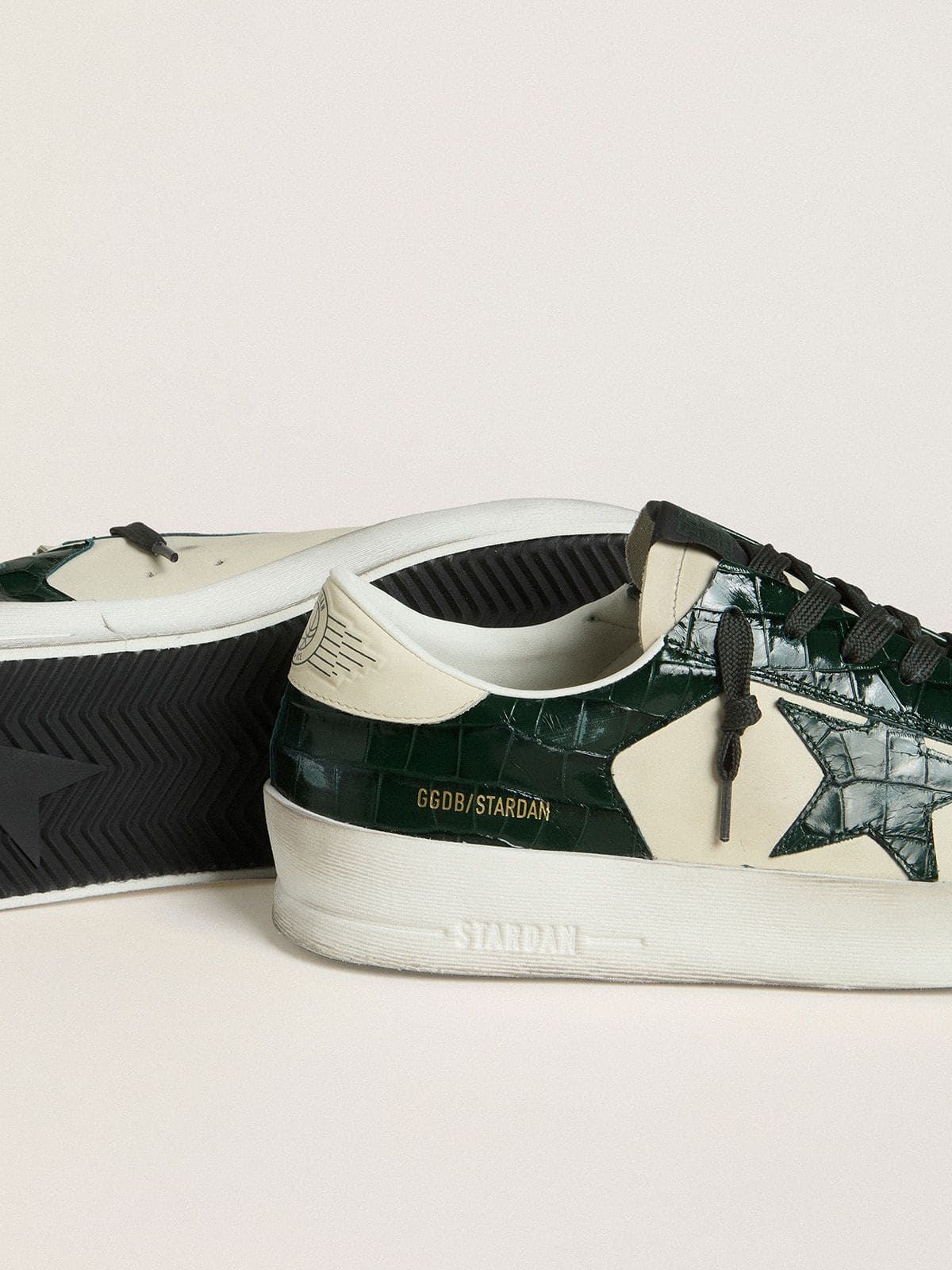 Golden Goose Men's Stardan LTD in cream leather with green crocodile-print leather star and inserts