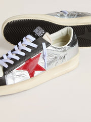 Golden Goose Men’s Stardan in laminated silver nylon with burgundy suede star